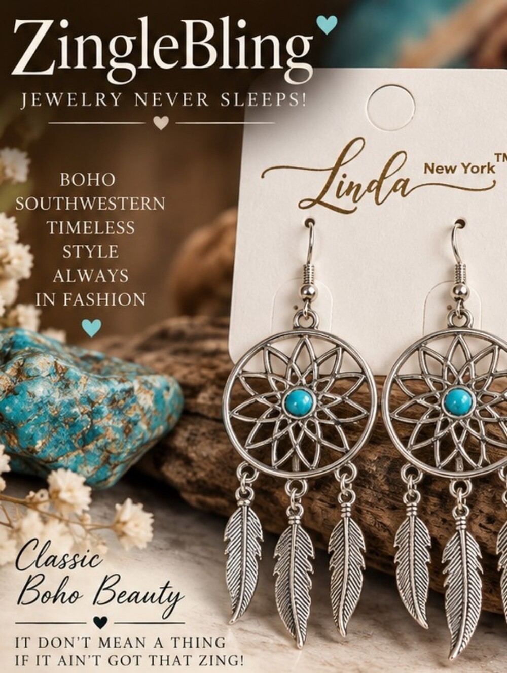 NWT Linda New York Turquoise Dreamcatcher Feather Boho Dangle Earrings